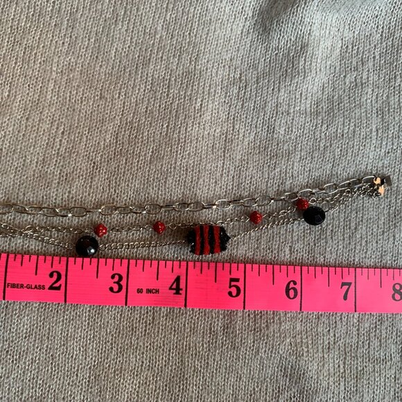 CREATION - Recycle fabric Pompom bracelet beads chains Red black - Picture 6 of 6